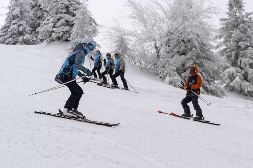 Skier in a blue jacket glides down a snowy slope, followed by a group of skiers with helmets, as snow-covered trees loom in the background.