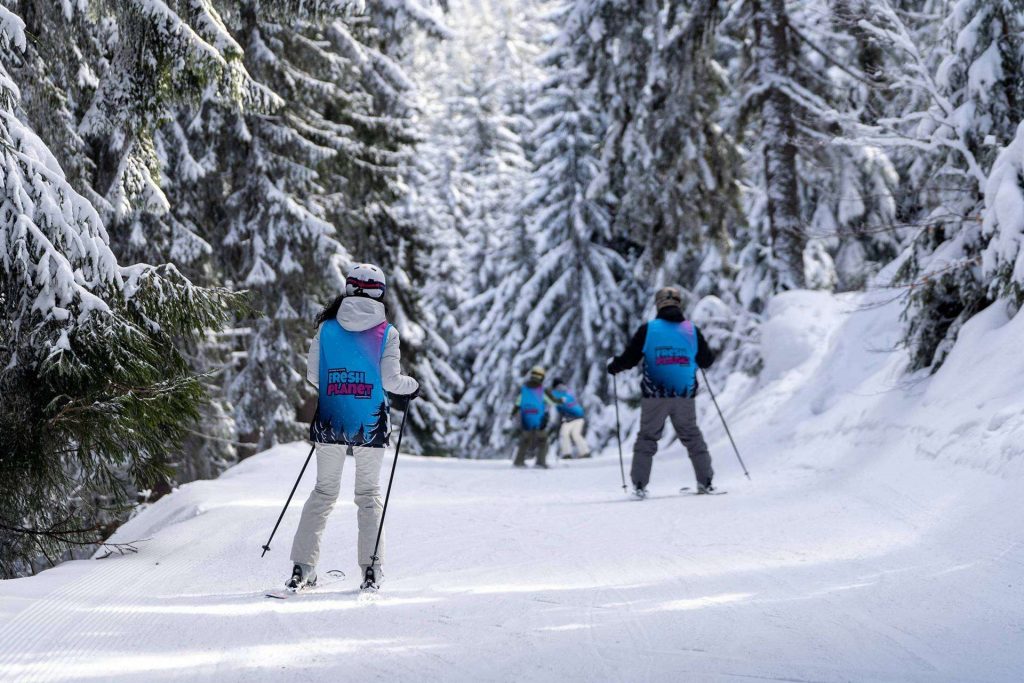 Skier in a blue vest skiing down a snow-covered forest trail with a group ahead among snow-laden evergreen trees