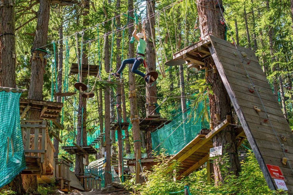 Person in a harness crosses a rope obstacle course among tall forest trees.