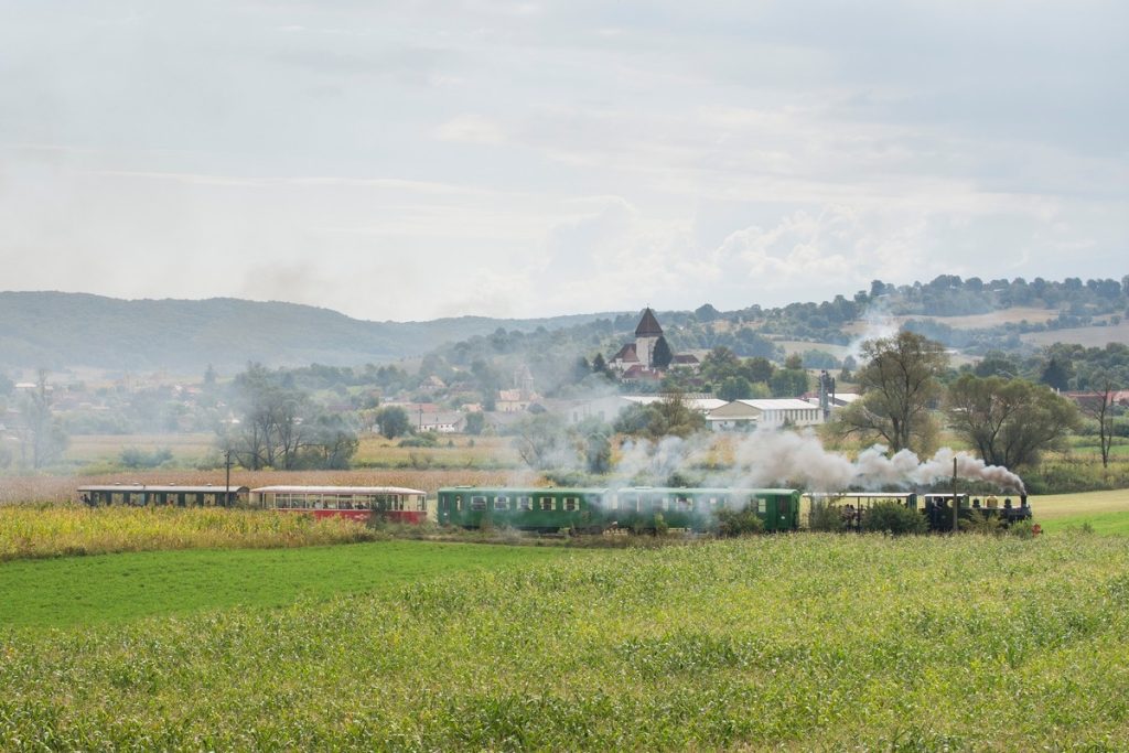 Steam train with green carriages travels through a grassy field, smoke rising behind it, with a village and hills in the background.