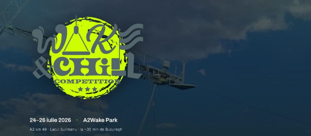 Banner for Wake Chill Competition with neon yellow logo, announcing 24–26 iulie 2026 at A2Wake Park near București.