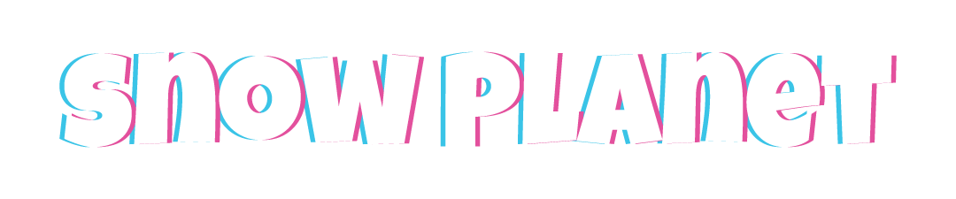Snow Planet logo: bold white letters with cyan and magenta outlines on a black background