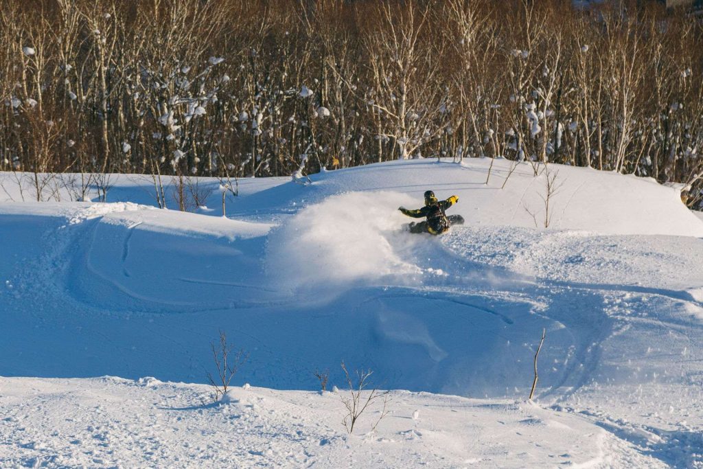 Snowboarder in a yellow jacket carving through fresh powder on a snowy slope with a forest backdrop.